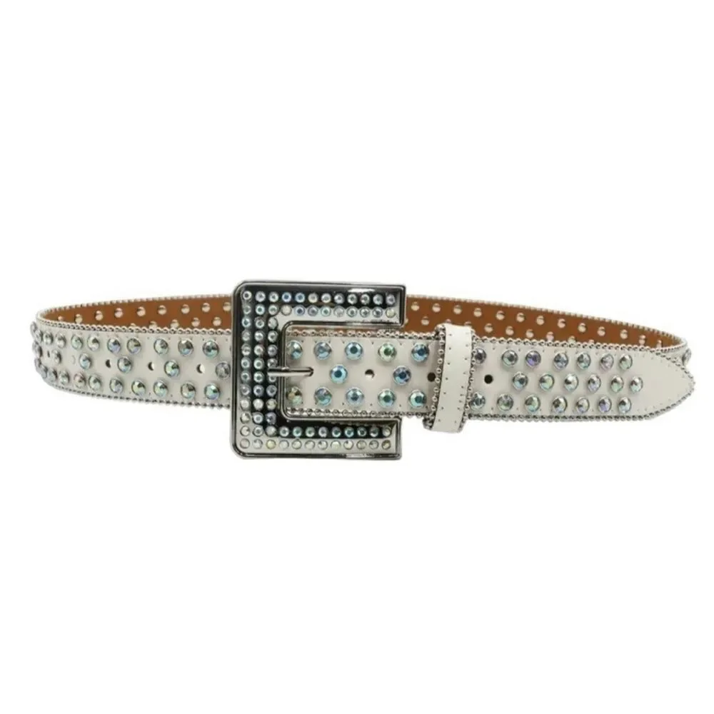 Men’s White Diamond Rhinestone Leather Square Buckle Belt Size 42 - Picture 2 of 6